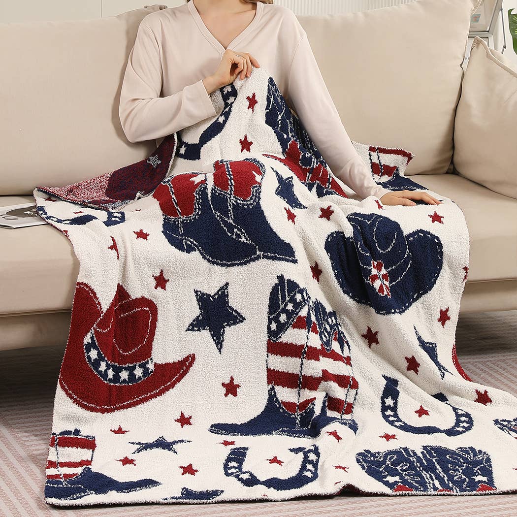 Cowgirl and Cowboy Throw Blanket cowboy hat and boot print detail