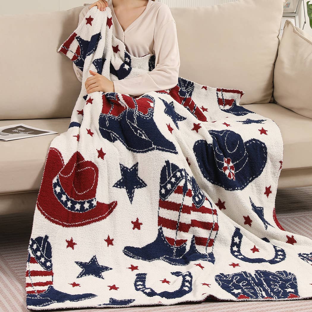 Cowgirl and Cowboy Throw Blanket horseshoe and star print detail