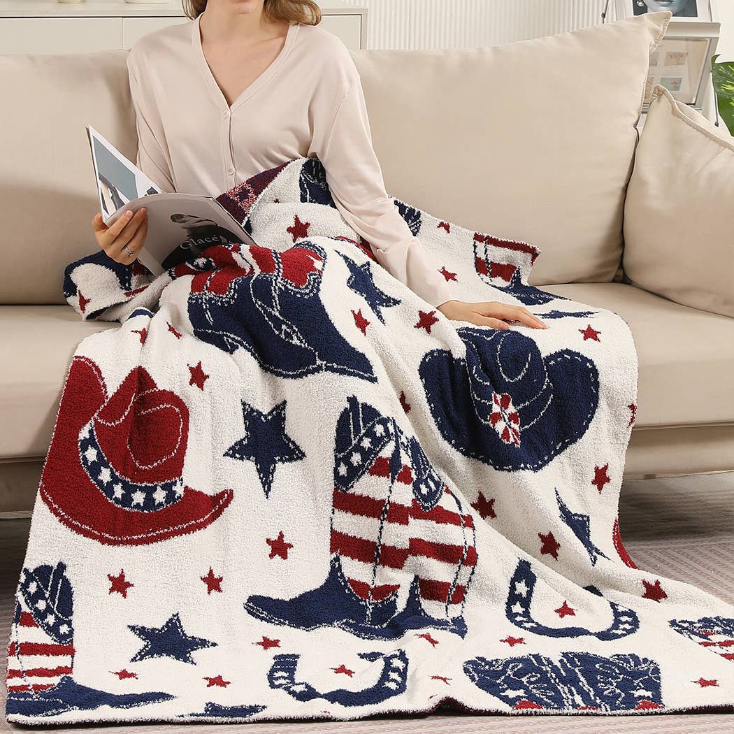 Cowgirl and Cowboy Throw Blanket red navy and white pattern detail